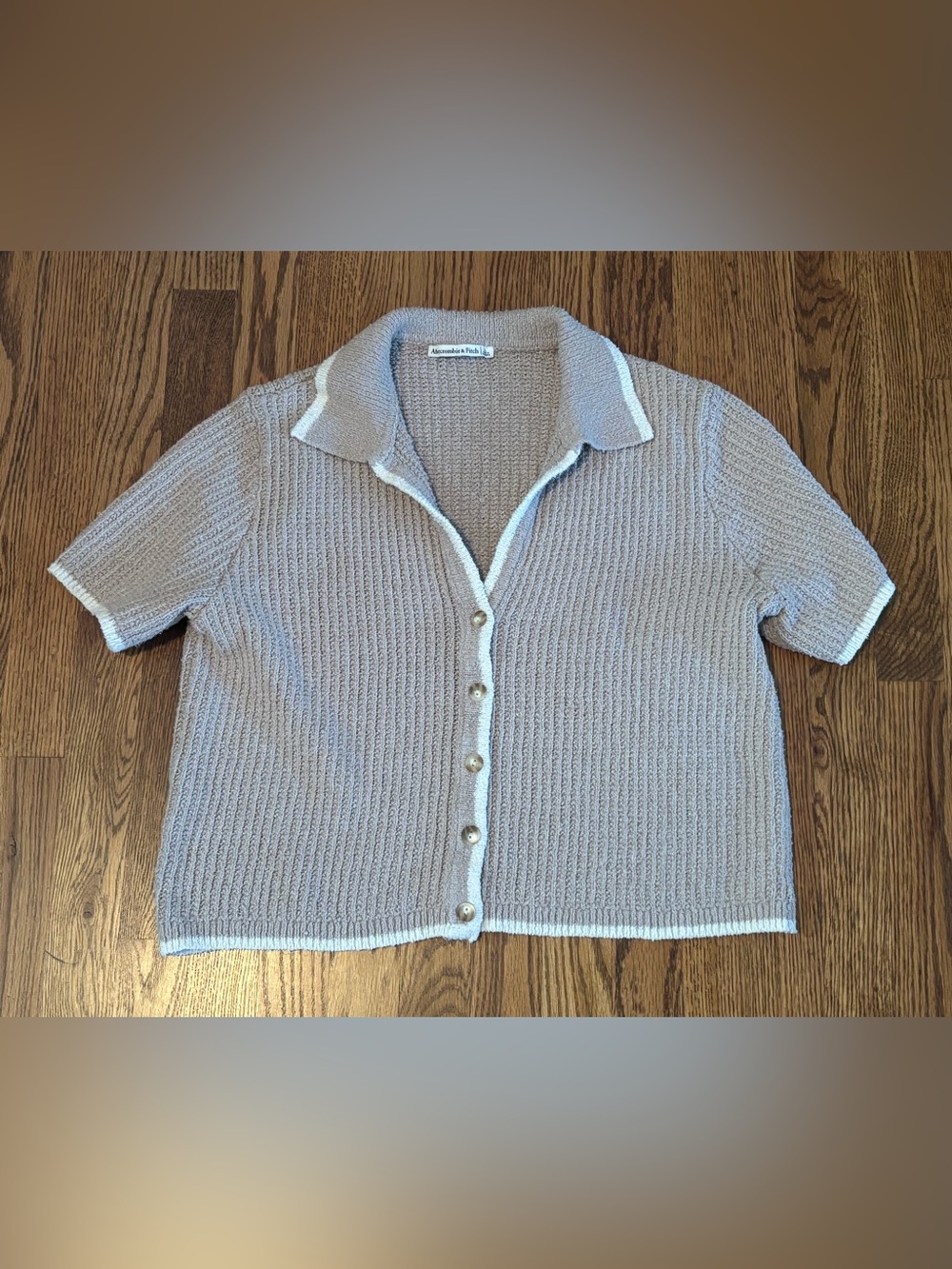 Abercrombie & Fitch Short-Sleeve Crochet-Style Sweater Polo in Soft Taupe
